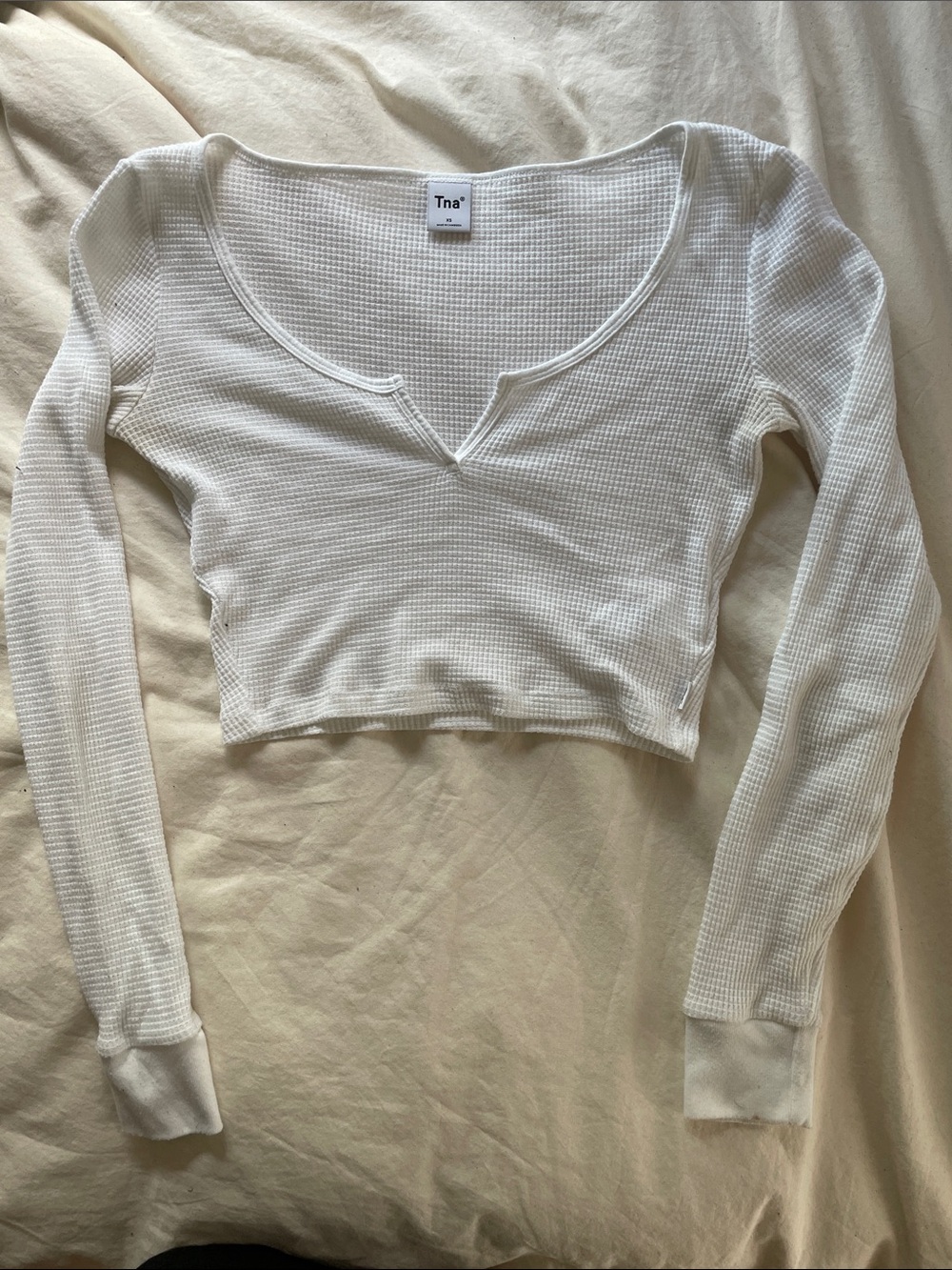 TNA White Waffle Long-Sleeve Crop Top with V-Notch